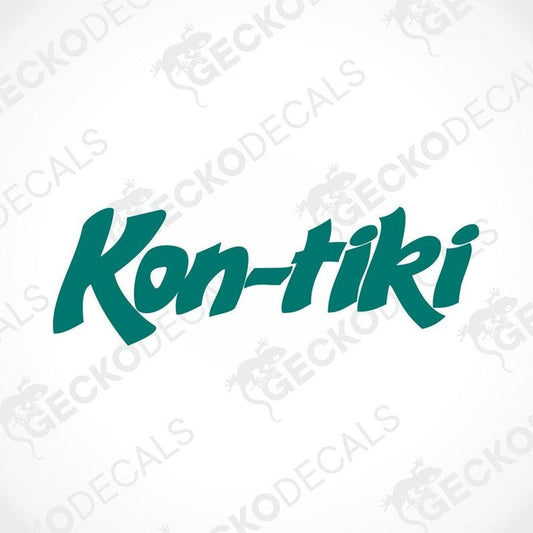 A die cut sticker with the text 'KON-TIKI' in bold green letters on a white background. The sticker is delivers on transfer paper.