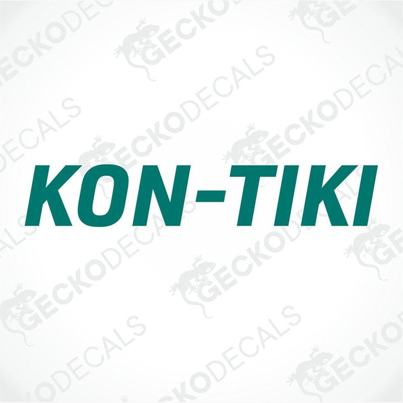 A die cut sticker with the text 'KON-TIKI' in bold green letters on a white background. The sticker is delivers on transfer paper.