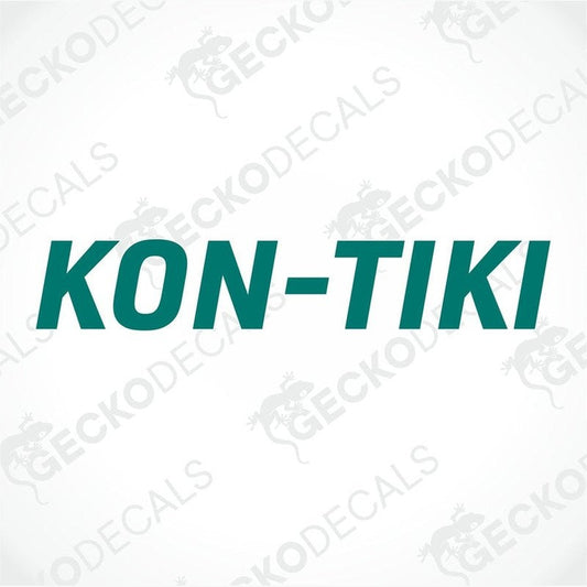 A die cut sticker with the text 'KON-TIKI' in bold green letters on a white background. The sticker is delivers on transfer paper.