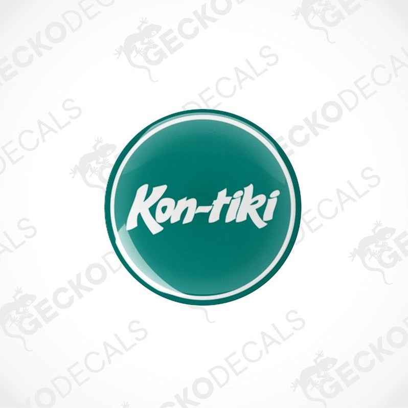 Two green round epoxy decals with the text 'Kon-tiki' on them, placed on a white background.