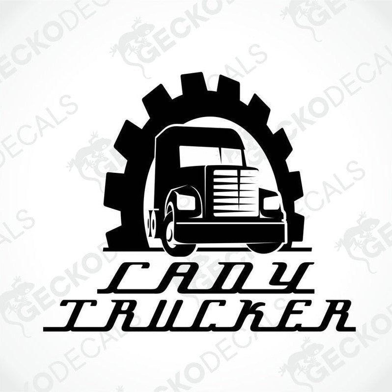 A black and white die cut sticker of a truck with the text 'LADY TRUCKER' on it.