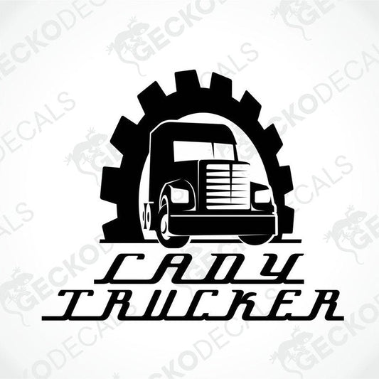 A black and white die cut sticker of a truck with the text 'LADY TRUCKER' on it.