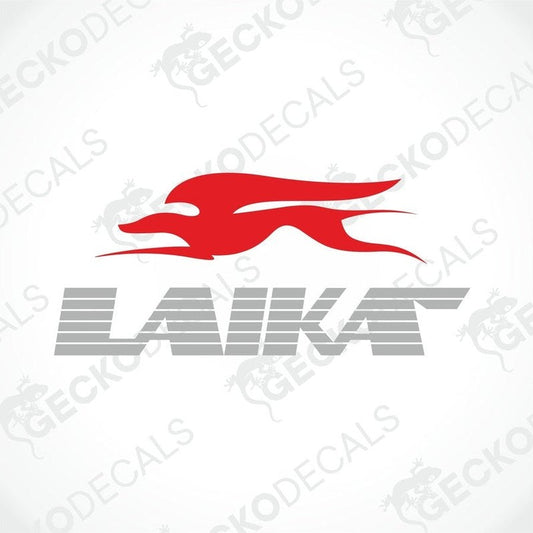 A red and white car decal with the brand name LAIKA written in stylized font, delivered on a white background with a Gecko Decals logo at the bottom.