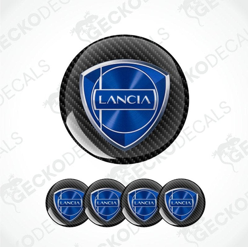 Lancia logo black carbon fiber background epoxy decal set on a white background with 'Gecko Decals' branding.