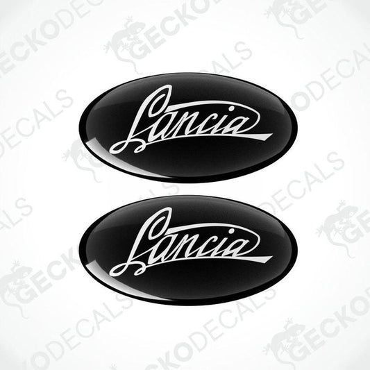 Two black oval Lancia logos on a white background with 'Gecko Decals' branding.