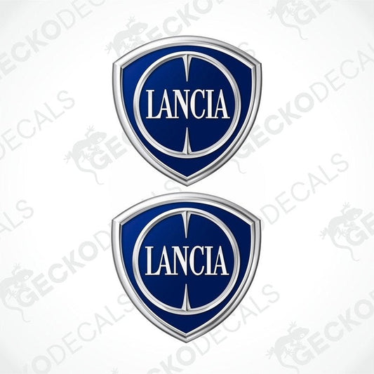 Two blue vinyl stickers with a LANCIA logo design, displayed on a white background.