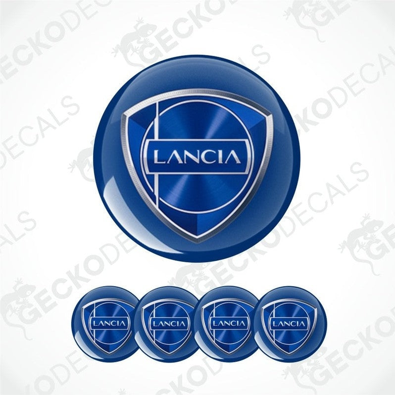 Lancia blue logo on dark blue background  epoxy decal set on a white background with 'Gecko Decals' watermark.
