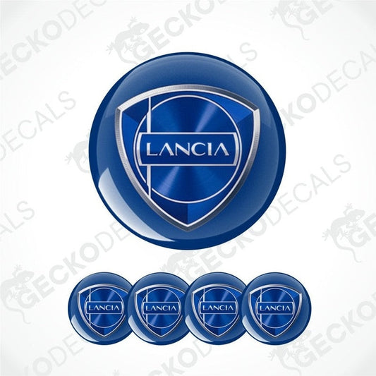 Lancia blue logo on dark blue background  epoxy decal set on a white background with 'Gecko Decals' watermark.