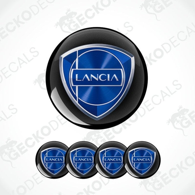 Lancia logo on a black background epoxy decal with multiple smaller logos below.