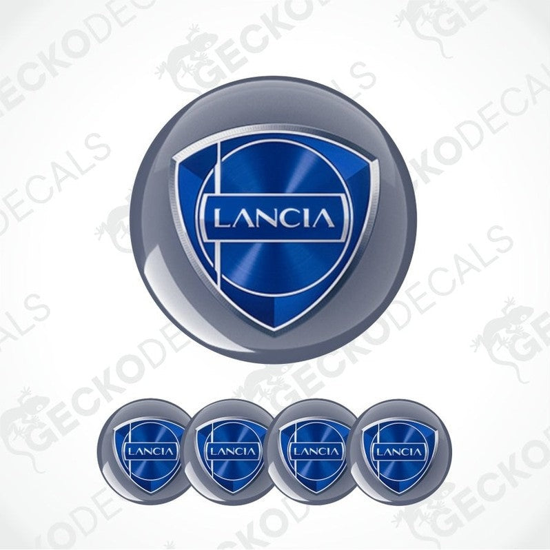 Lancia blue logo on bluish gray background epoxy decal set on a white background