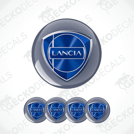 Lancia blue logo on bluish gray background epoxy decal set on a white background