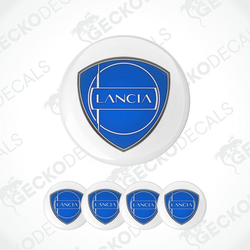 Lancia blue logo on carbon fiber epoxy decal on a white background