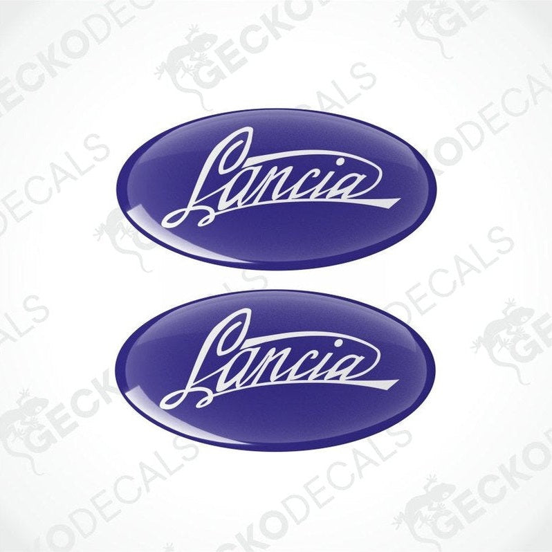 Two blue oval Lancia logos on a white background with 'Gekko Decals' watermark.