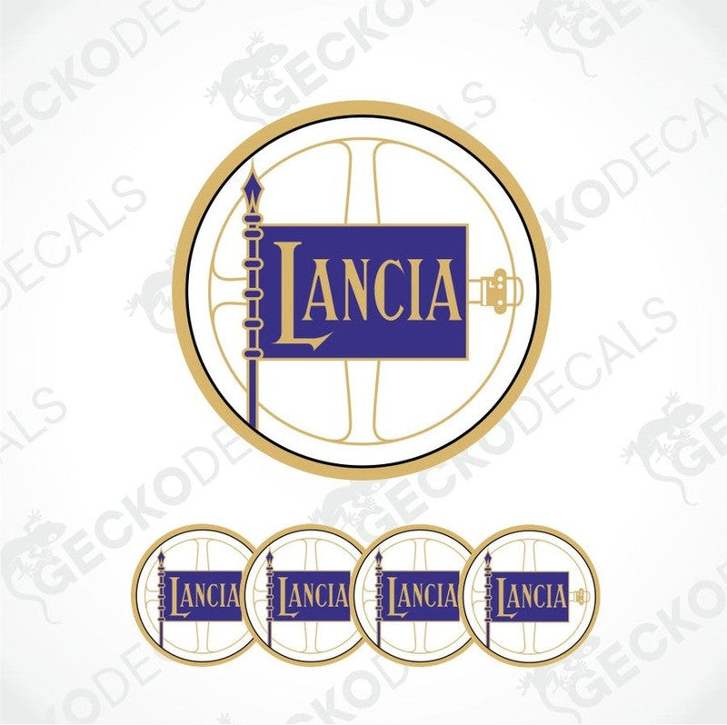 Lancia logo decal with gold and blue design on a white background