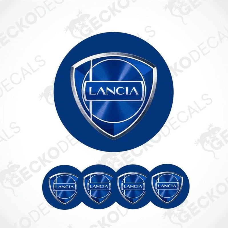 Lancia blue logo on dark blue background and four smaller versions on a white background with 'GeckoDecals' watermark