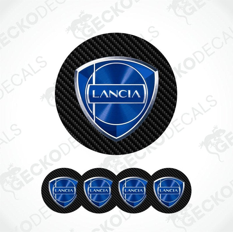 Lancia blue logo black carbon fiber background decal set on a white background with 'Gecko Decals' 