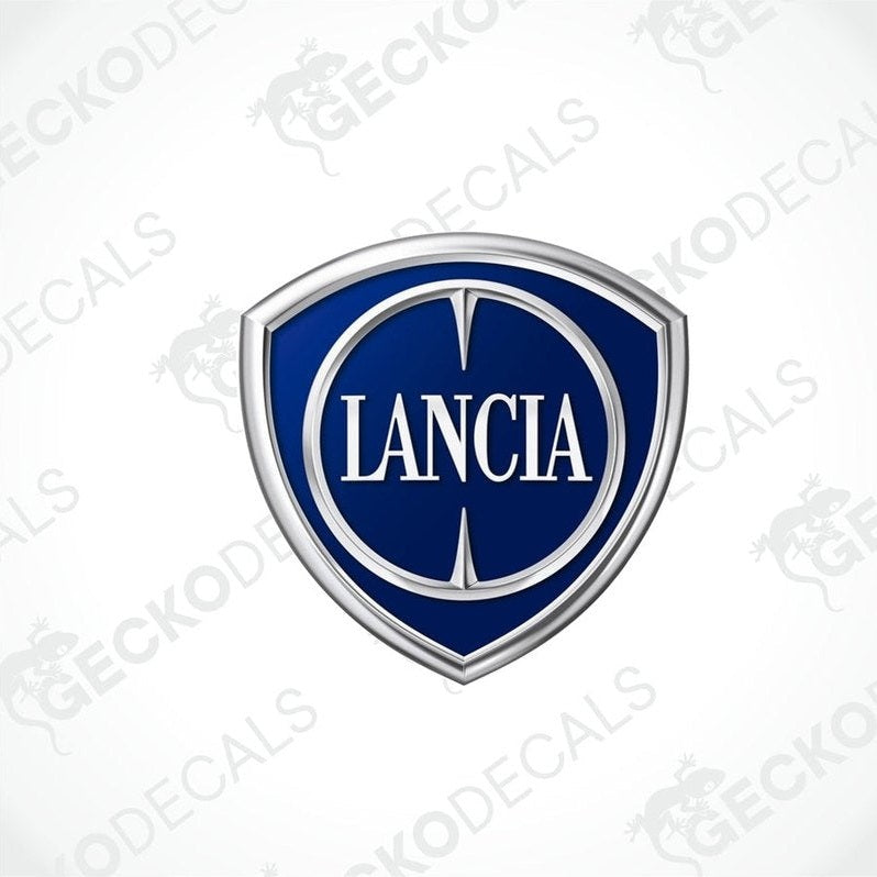 Blue vinyl stickers with a LANCIA logo design, displayed on a white background.