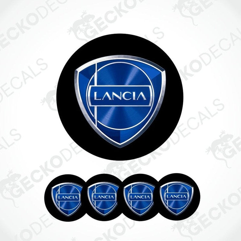 Lancia blue logo on black background and five smaller versions on a white background with 'Gecko Decals' branding.