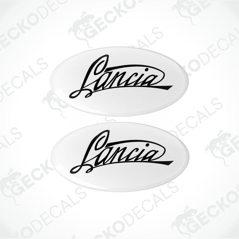 Two oval-shaped Lancia decals on a white background with 'Gecko Decals' branding.