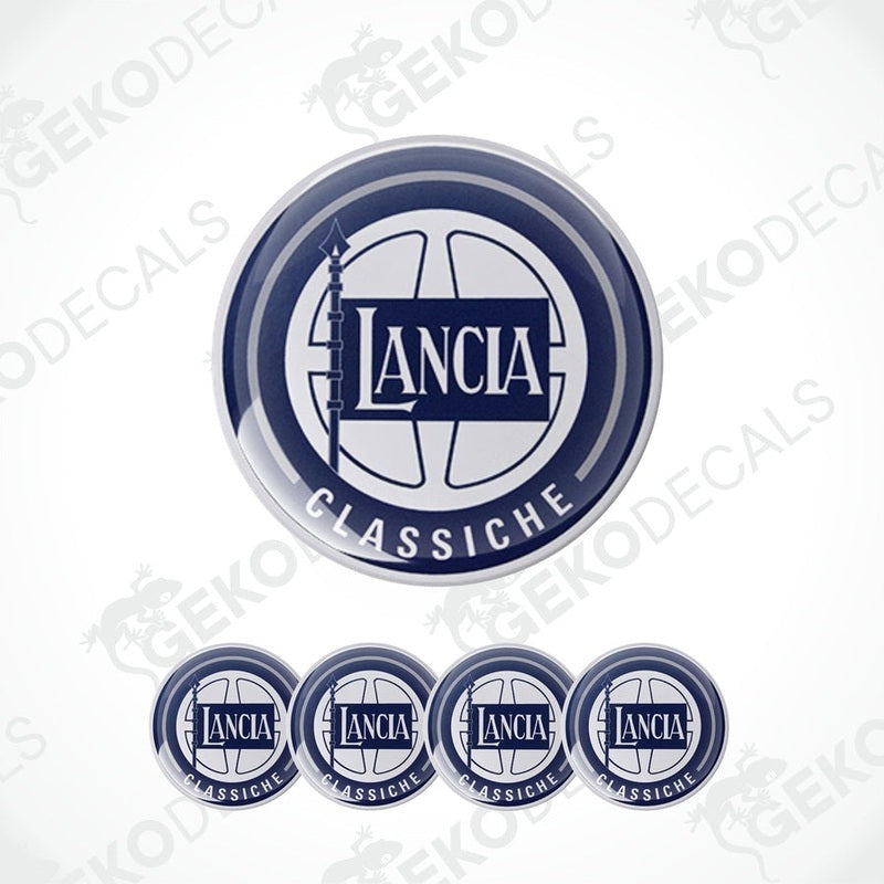 A set of four blue vinyl decals with the text 'LANCIA CLASSICHE' on them, presented against a white background.