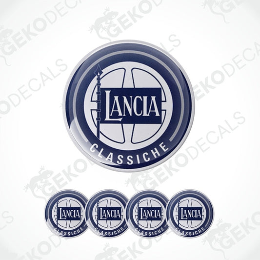 A set of four blue vinyl decals with the text 'LANCIA CLASSICHE' on them, presented against a white background.