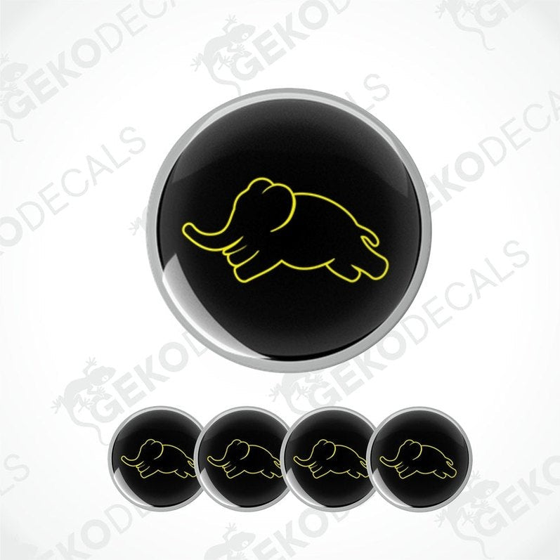 A set of four black vinyl stickers with a yellow illustration of an elephant on each sticker, along with the text 'GeckoDecals'.