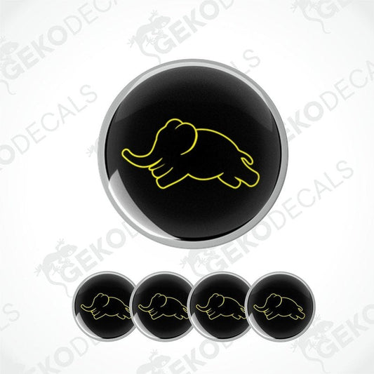 A set of four black vinyl stickers with a yellow illustration of an elephant on each sticker, along with the text 'GeckoDecals'.