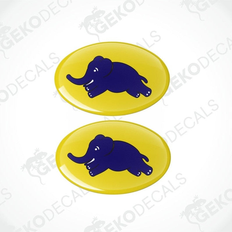 Two vinyl decals with a polyurethane coating, featuring a stylized elephant design on a yellow background.
