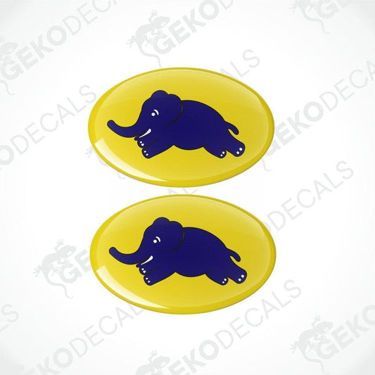 Two vinyl decals with a polyurethane coating, featuring a stylized elephant design on a yellow background.