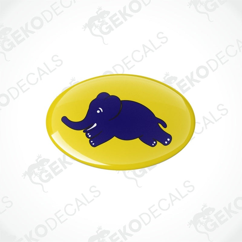 Vinyl decals with a polyurethane coating, featuring a stylized elephant design on a yellow background.