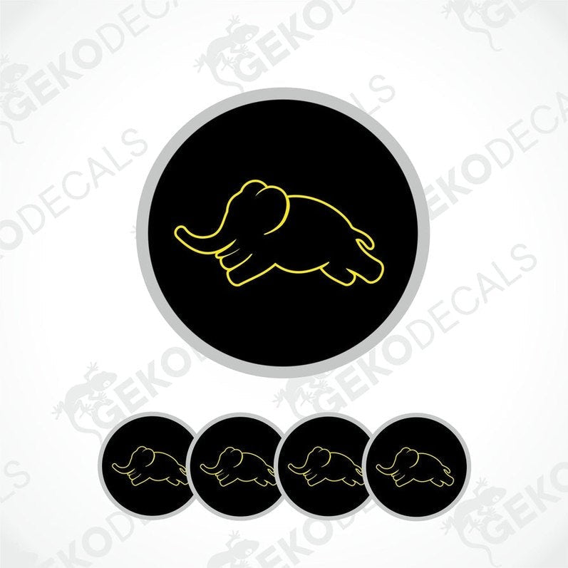 A set of four black vinyl stickers with a yellow illustration of an elephant on each sticker, along with the text 'GeckoDecals'.