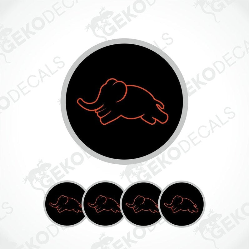 A set of four black vinyl stickers with a red outline of an elephant design, displayed on a white background with the 'GeckoDecals' branding.