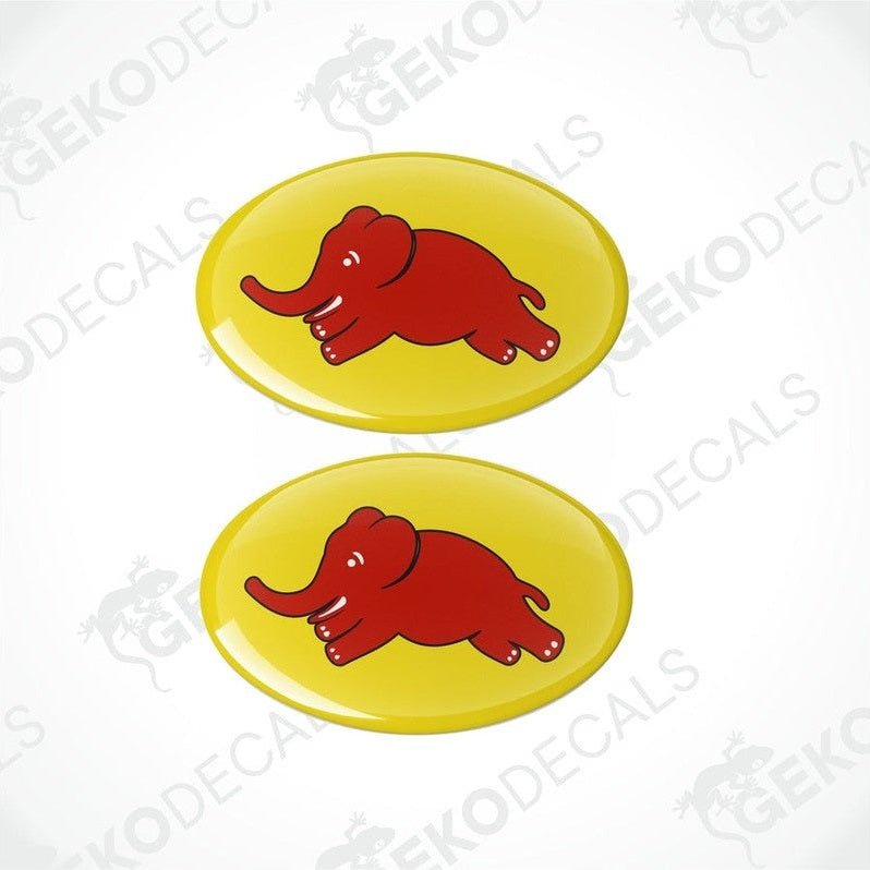 Two vinyl decals with a polyurethane coating, featuring a stylized elephant design on a yellow background.