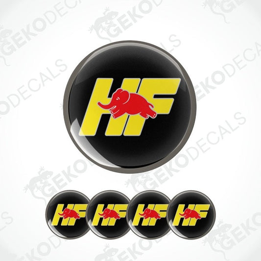 A set of four red, yellow, and black vinyl stickers with a geometric design forming the letters 'HF' and an elephant graphic.