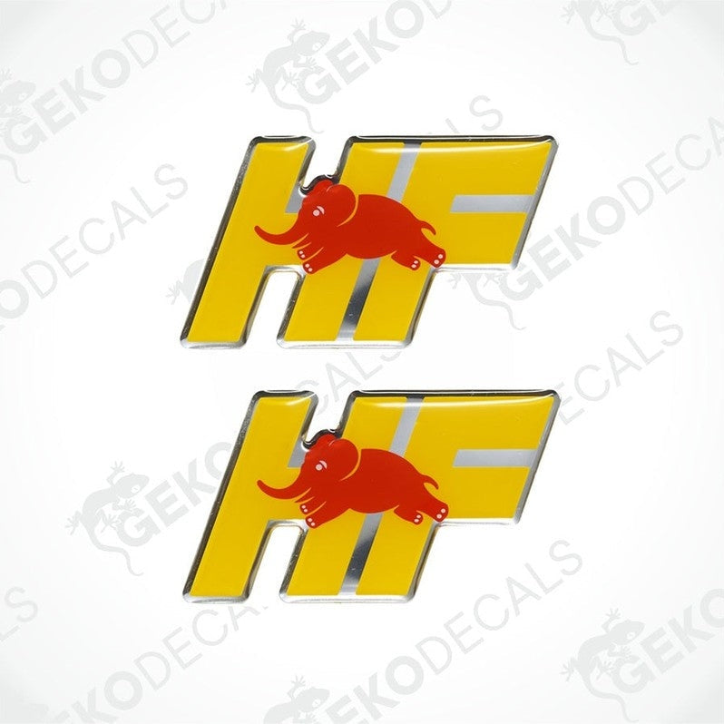 A pair of vinyl decals with a yellow and red 'HF' design and an elephant motif, intended for use as car stickers.