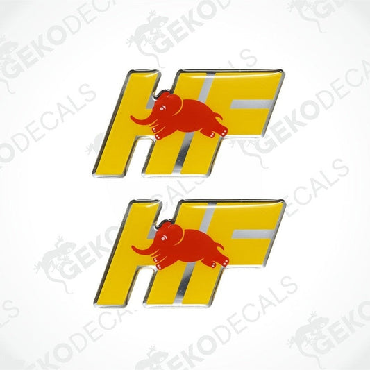 A pair of vinyl decals with a yellow and red 'HF' design and an elephant motif, intended for use as car stickers.