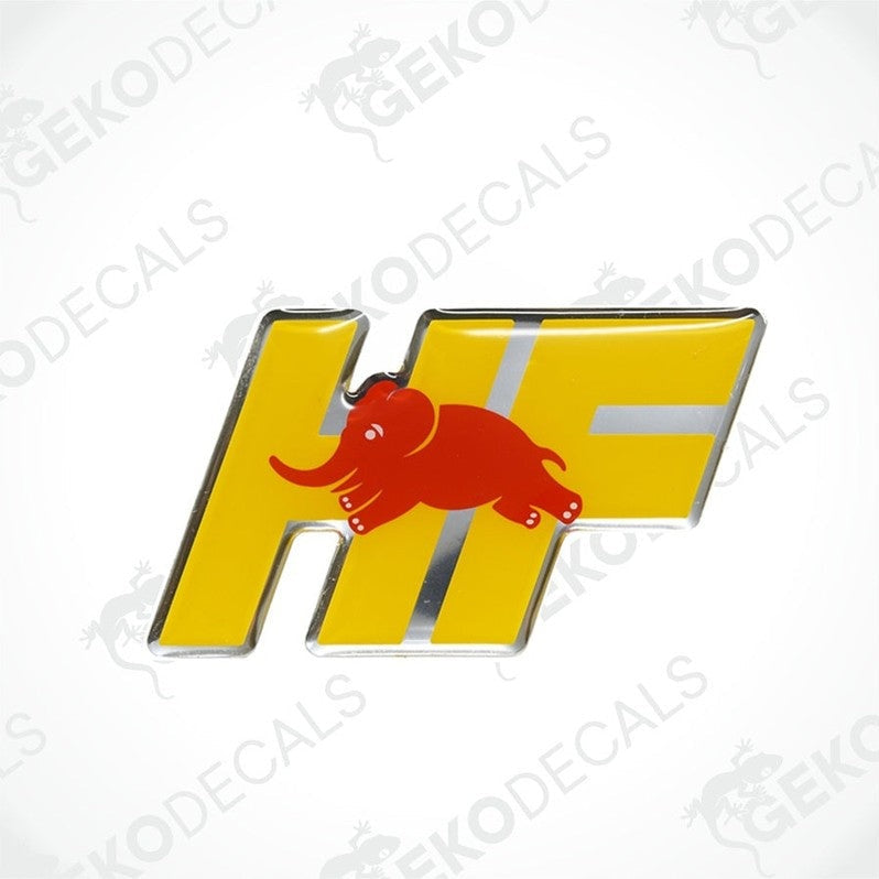 Vinyl decals with a yellow and red 'HF' design and an elephant motif, intended for use as car stickers.