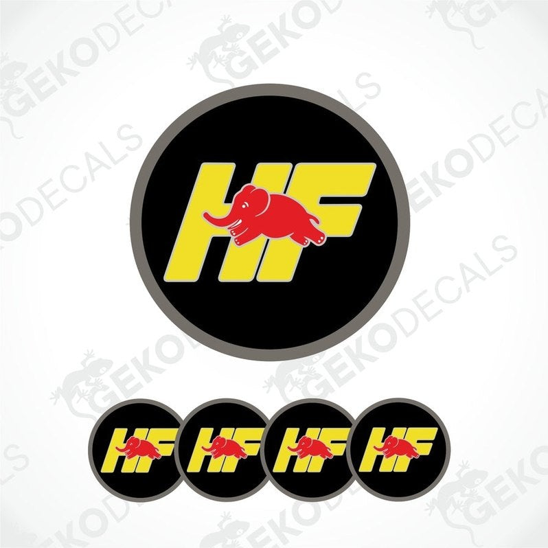 A set of four red, yellow, and black vinyl stickers with a geometric design forming the letters 'HF' and an elephant graphic.