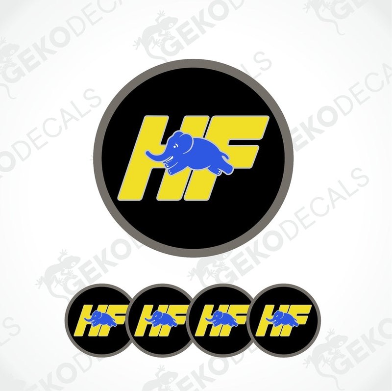 A set of four vinyl stickers with a blue elephant design on a yellow background, representing the brand LANCIA, designed for use on car wheels.