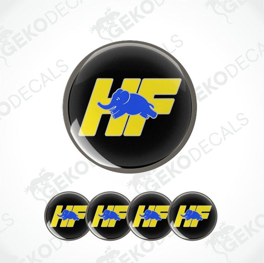 A set of four vinyl stickers with a blue elephant design on a yellow background, representing the brand LANCIA, designed for use on car wheels.