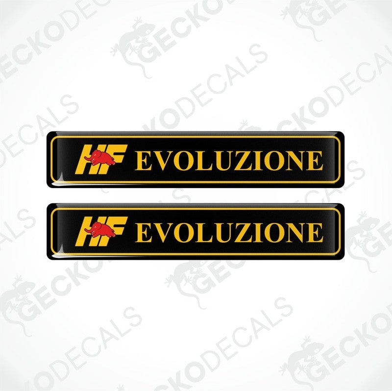 Two black vinyl stickers with the text 'EVOLUZIONE and the logo 'HF' in yellow and red.