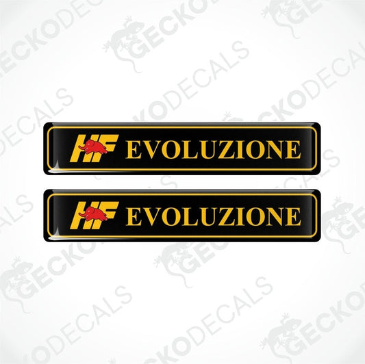 Two black vinyl stickers with the text 'EVOLUZIONE and the logo 'HF' in yellow and red.