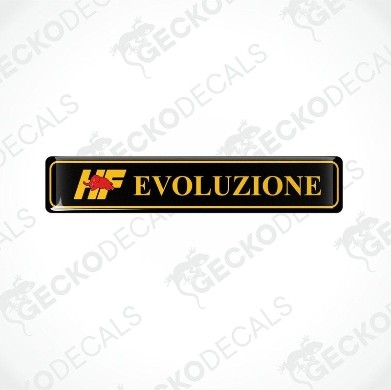 Black vinyl stickers with the text 'EVOLUZIONE and the logo 'HF' in yellow and red.