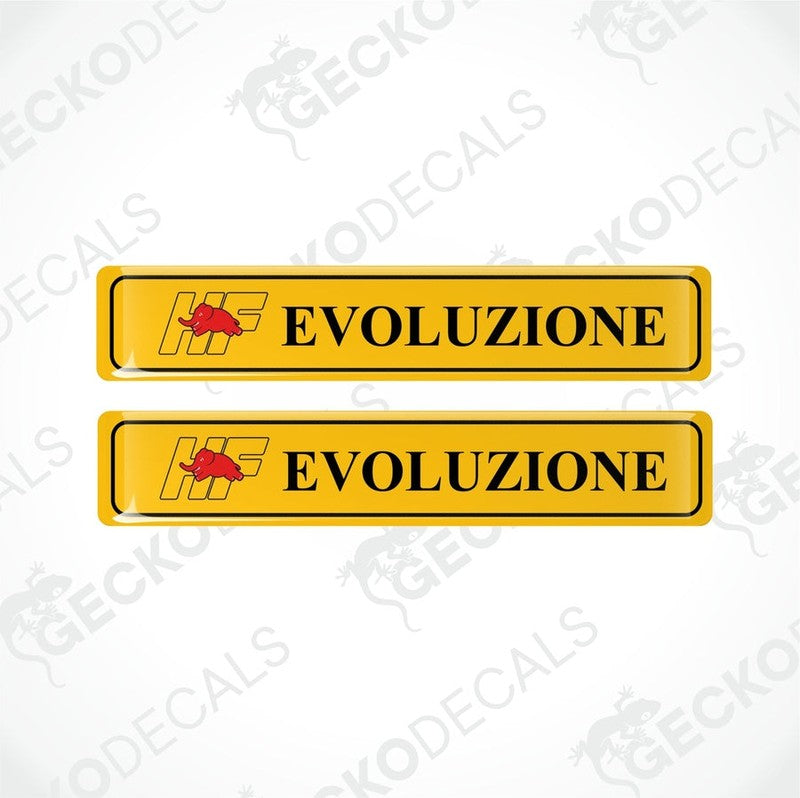 Two yellow vinyl stickers with the text 'EVOLUZIONE and the logo 'HF' in black and red.