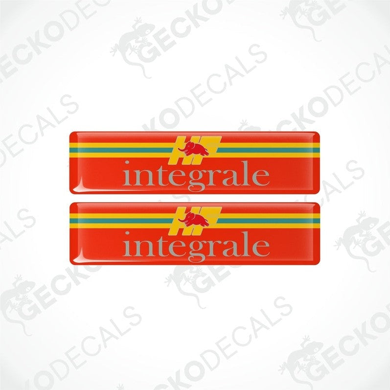 A set of two red vinyl stickers with white and yellow stripes and the text 'HF Integrale' printed on them.