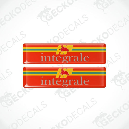 A set of two red vinyl stickers with white and yellow stripes and the text 'HF Integrale' printed on them.
