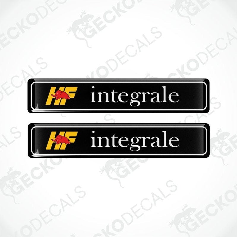 Two black vinyl decals with 'HF integrale' text and a yellow and red logo.