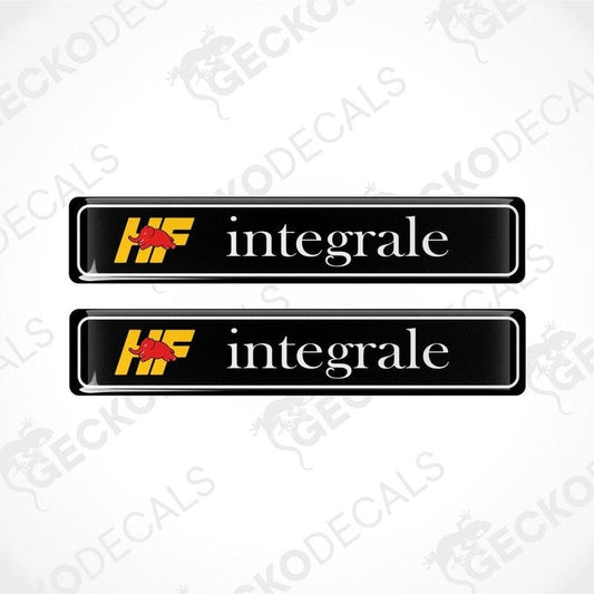 Two black vinyl decals with 'HF integrale' text and a yellow and red logo.