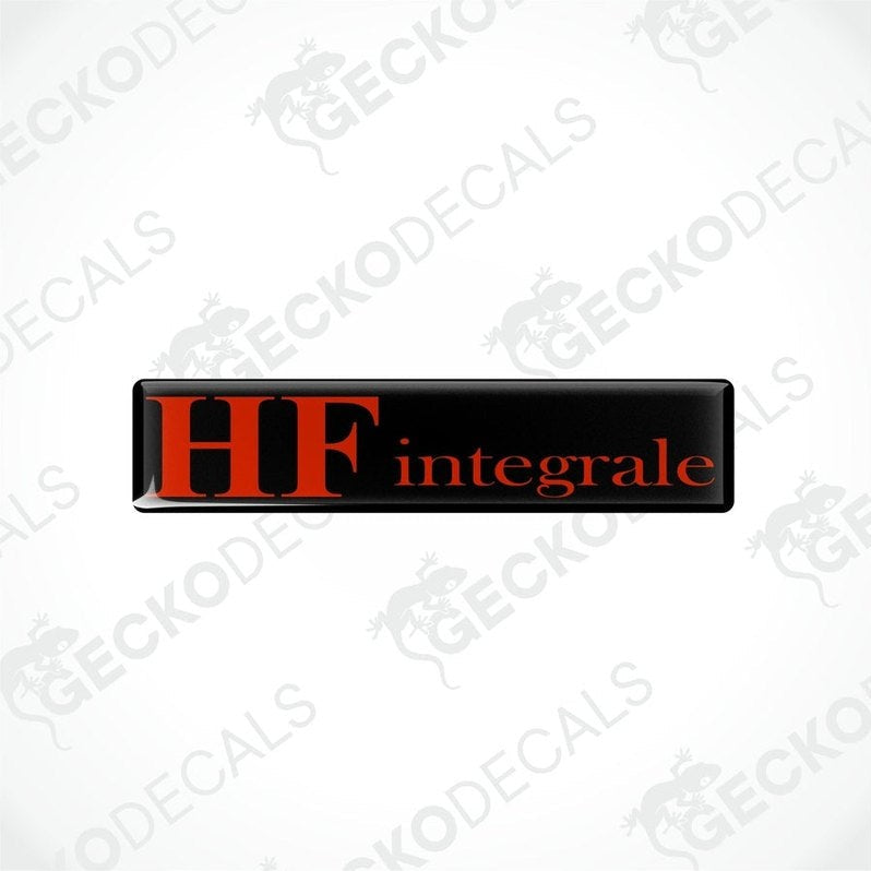  Rectangular black vinyl decals with the word 'LANCIA HF INTEGRALE' written in red letters.