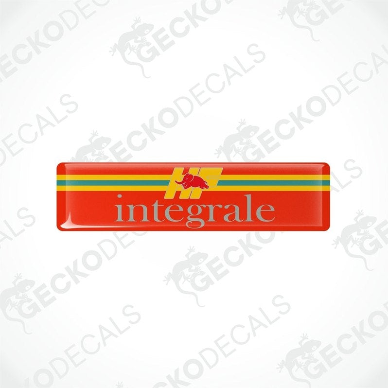  Red vinyl stickers with white and yellow stripes and the text 'HF Integrale' printed on them.